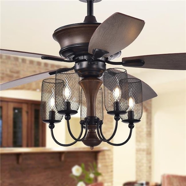 Warehouse Of Tiffany CFL-8412REMO-IW 52 in. Slatin 5-Light Lighted Ceiling Fan with Mesh Shade Candelabra Chandelier; Faux Wood & Black CFL-8412REMO/IW - main